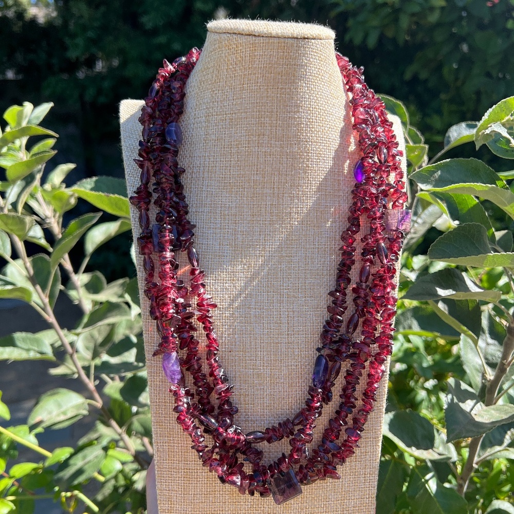 Multi-Strand Layered Garnet & Amethyst Gemstone Bohemian Statement Necklace
